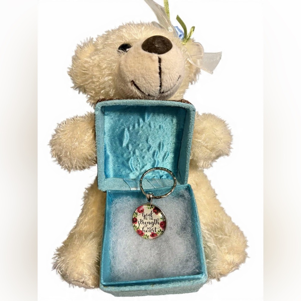 Floral 'God is My Strength' Round Keychain - Bear Holding Blue Velvet Gift Box